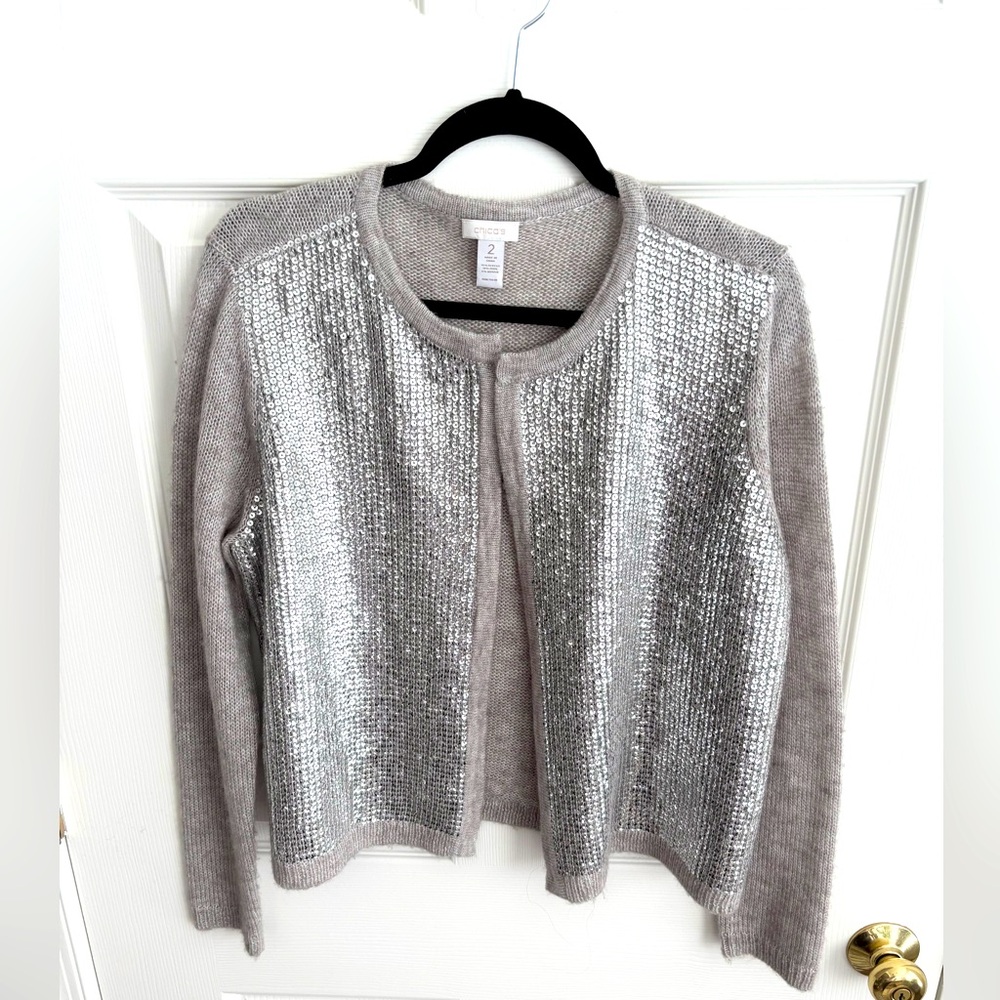 CHICO’S SEQUINED HEATHER GRAY OPEN FRONT SZ 2 SWEATER SHORTER LENGTH